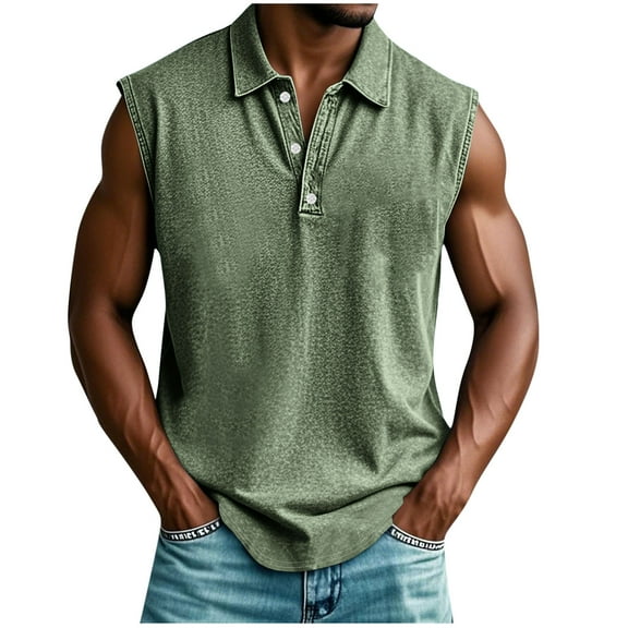 RYDCOT Men Tank Tops Lapel Shirts Sleeveless Muscle Gym Workout Running Beach Summer Vintage 1/4 Button Down Tank Tops Army Green