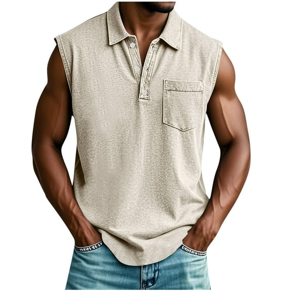 RYDCOT Men Tank Tops Lapel Shirts Sleeveless Muscle Gym Workout Running Beach Summer Vintage 1/4 Button Down Tank Tops Khaki