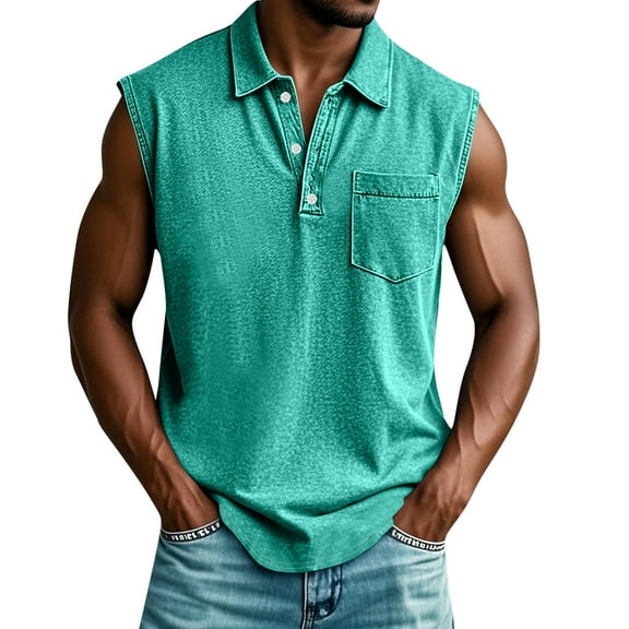 RYDCOT Men Tank Tops Lapel Shirts Sleeveless Muscle Gym Workout Running Beach Summer Vintage 1/4 Button Down Tank Tops Mint Green