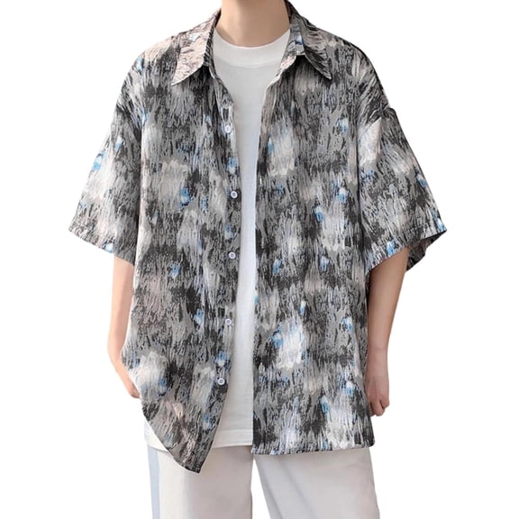 RYDCOT Men Tie-Dye Short-Sleeved Shirt Large Size Print Handsome Lapel Shirts Loose Casual Buttons Down Gray