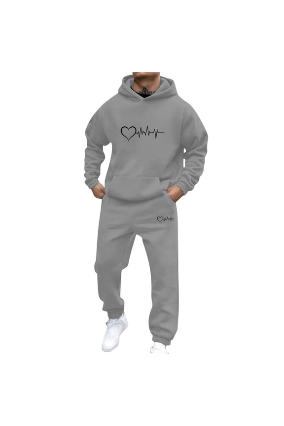 Men Valentine's Day Heart Graphics 2 Piece Tracksuit Outfit Hoodie Sweatshirt Sweatpants Casual Jogging Sweatsuit Set Gray