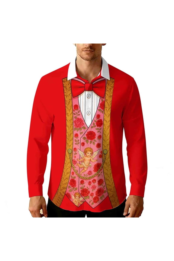 Men Valentines Shirts Hawaiian Shirt Funny Rose Pattern Tuesday Holiday Tuxedo Jacket Top Red
