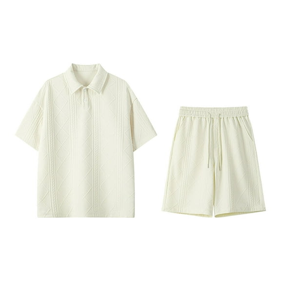 RYDCOT Men's 1/4 Button Polo Shirt and Shorts Set Soild Color Knitted Jacquard Geometric Texture Casual Short Sleeve 2 Piece Outfits Sweatsuits Summer Beige