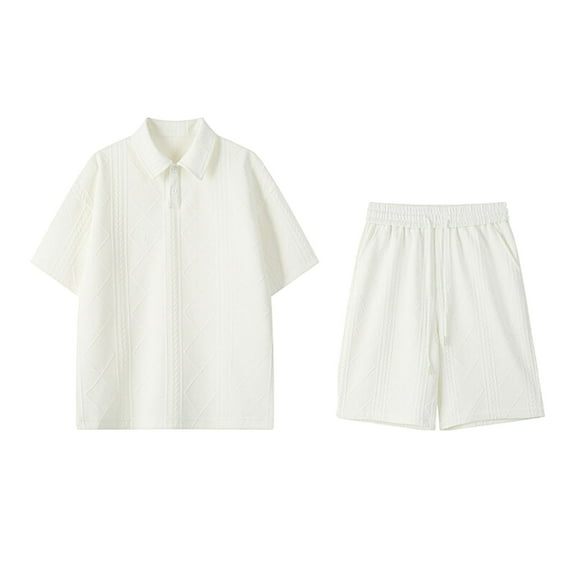 RYDCOT Men's 1/4 Button Polo Shirt and Shorts Set Soild Color Knitted Jacquard Geometric Texture Casual Short Sleeve 2 Piece Outfits Sweatsuits Summer White