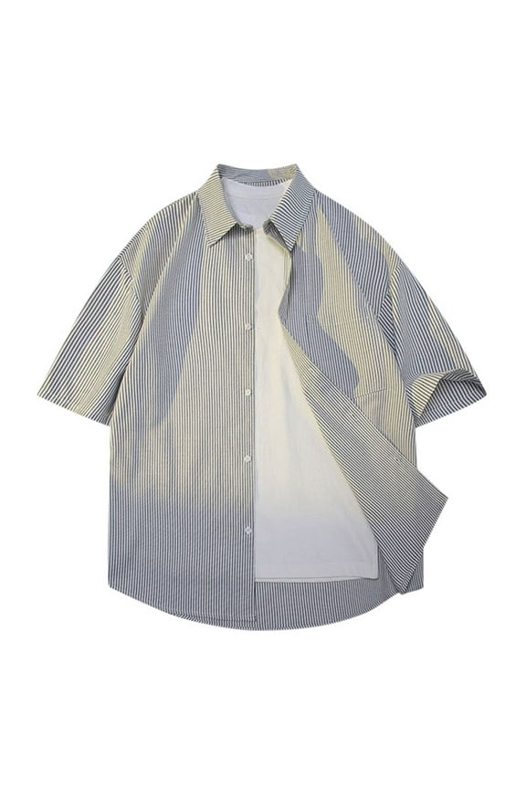 Men's 100% Cotton Striped Shirts Casual Short Sleeve Lapel Button Down Summer Hawaiian Shirts with Pocket Black