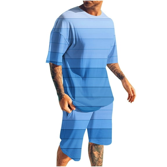 RYDCOT Men's 2 Piece Casual Loose Striped Outfit Round Neck Short Sleeve Shirt Elastic Waist Shorts Set Blue