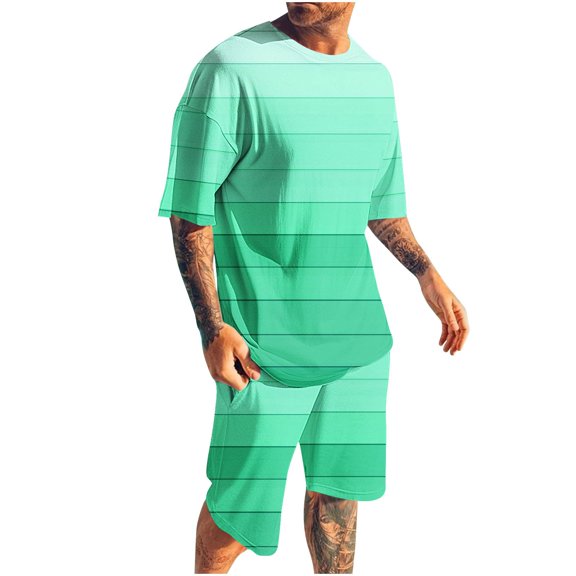 RYDCOT Men's 2 Piece Casual Loose Striped Outfit Round Neck Short Sleeve Shirt Elastic Waist Shorts Set Green