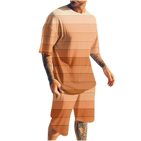 RYDCOT Men's 2 Piece Casual Loose Striped Outfit Round Neck Short Sleeve Shirt Elastic Waist Shorts Set Orange
