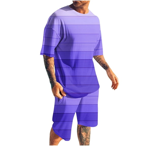 RYDCOT Men's 2 Piece Casual Loose Striped Outfit Round Neck Short Sleeve Shirt Elastic Waist Shorts Set Purple