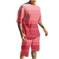 thumbnail image 1 of RYDCOT Men's 2 Piece Casual Loose Striped Outfit Round Neck Short Sleeve Shirt Elastic Waist Shorts Set Red, 1 of 5