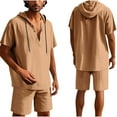 thumbnail image 1 of RYDCOT Men's 2 Piece Linen Outfits Short Sleeve Hooded Henley Shirt and Beach Shorts Set Casual Summer Matching Set Brown, 1 of 9