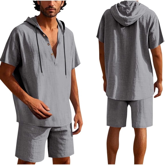 RYDCOT Men's 2 Piece Linen Outfits Short Sleeve Hooded Henley Shirt and Beach Shorts Set Casual Summer Matching Set Gray