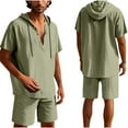 thumbnail image 1 of RYDCOT Men's 2 Piece Linen Outfits Short Sleeve Hooded Henley Shirt and Beach Shorts Set Casual Summer Matching Set Green, 1 of 9