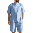 thumbnail image 1 of RYDCOT Men's 2 Piece Linen Set Stand up Collar Button Down Short Sleeve Shirt and Shorts Summer Beach Outfit Light Blue, 1 of 6