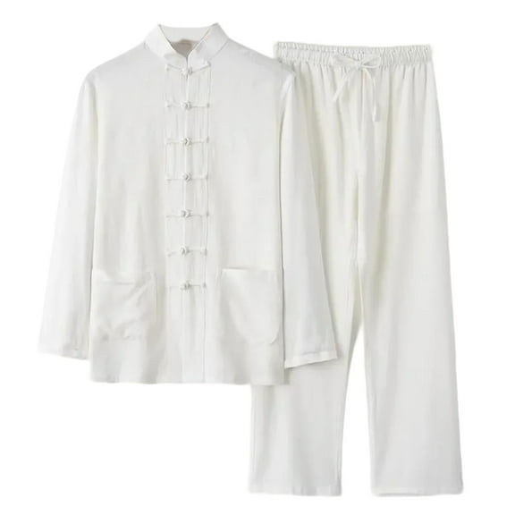 RYDCOT Men's 2 Piece Outfit Stand up Collar Shirt and Drawstring Pants Set Casual Shirt Beach Outfit for Summer Vacation White