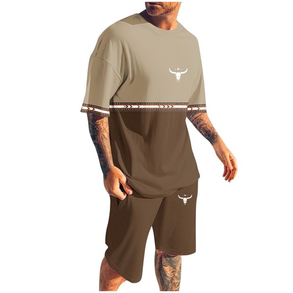 RYDCOT Men's 2 Piece Outfits Animal Patterns Color Block Short Sleeve Drop Shoulder T Shirt and Shorts Set with Pockets Brown