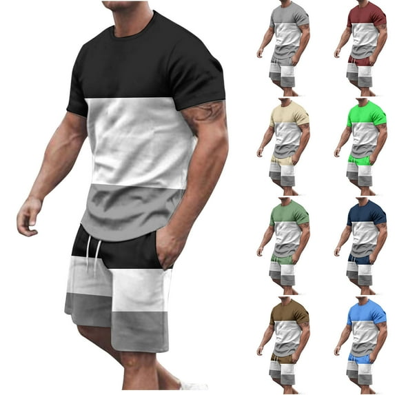 RYDCOT Men's 2 Piece Outfits Color Block Round Neck Short Sleeve T Shirt and Casual Shorts Set Wine XL(XL)
