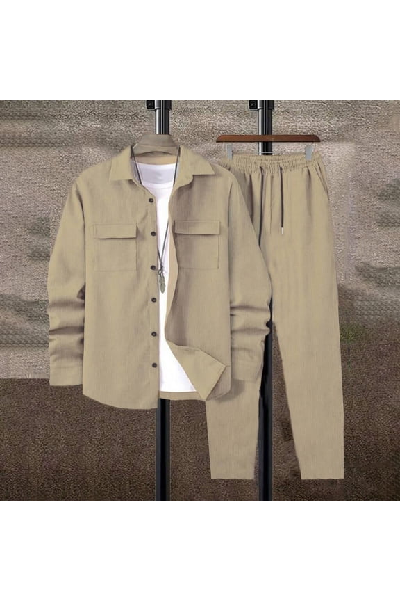 Men's 2 Piece Outfits Corduroy Casual Long Sleeve Shirt Pant Sets Fall Fashion Tracksuits Beige