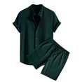 thumbnail image 1 of RYDCOT Men's 2 Piece Outfits Waffle Knit Stand Button Down Shirt Top and Shorts Set Green, 1 of 7