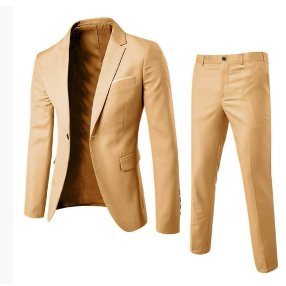 RYDCOT Men's 2 Piece Slim Fit Casual Suit, Wedding Groom Groomsman Suit One Button Solid Top and Pants Suit Set Khaki