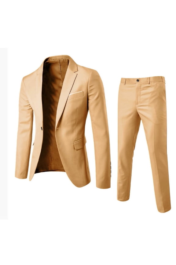 Men's 2 Piece Slim Fit Casual Suit, Wedding Groom Groomsman Suit One Button Solid Top and Pants Suit Set Khaki