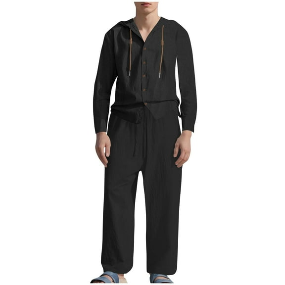 RYDCOT Men's 2 Pieces Casual Fashion Cotton Linen Set Button up Cardigan Hooded Long Sleeve Shirt and Casual Beach Pants Summer Outfits Black