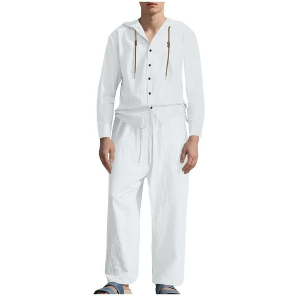 RYDCOT Men's 2 Pieces Casual Fashion Cotton Linen Set Button up Cardigan Hooded Long Sleeve Shirt and Casual Beach Pants Summer Outfits White