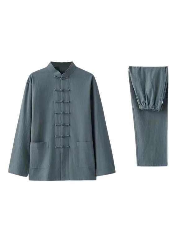 Men's 2 Pieces Cotton and Linen Set Casual Outfits for Men Shirts Long Sleeve Stand up Collar Top Pants Tracksuits Green