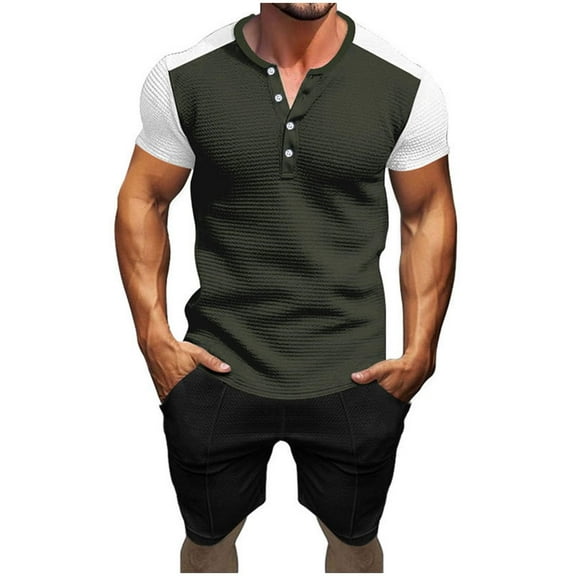 RYDCOT Men's 2 Pieces Waffle Knit Set Color Blocked Button Down Henley Shirt Short Sleeve and Shorts Summer Beach Yoga Matching Outfits Army Green