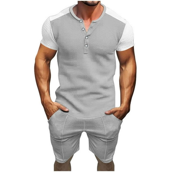 RYDCOT Men's 2 Pieces Waffle Knit Set Color Blocked Button Down Henley Shirt Short Sleeve and Shorts Summer Beach Yoga Matching Outfits Gray