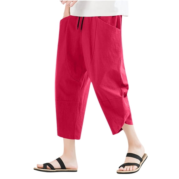 RYDCOT Men's Baggy Capri Pants Plus Size Below Knee Casual Lightweight 3/4 Shorts Big and Tall Summer Drawstring Harem Pants with Pockets Red