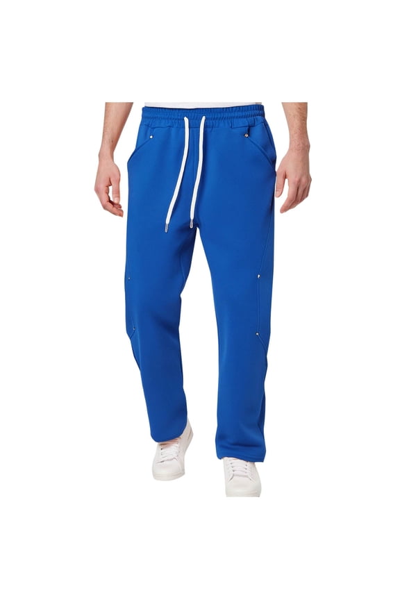 Men's Baggy Drawstring Elastic Waist Sweatpants with Rivet Pockets Solid Color Straight Patchwork Wide Leg Lounge Long Pants Blue