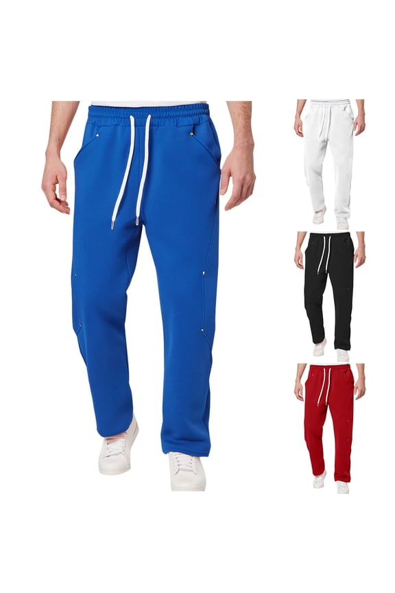 Men's Baggy Drawstring Elastic Waist Sweatpants with Rivet Pockets Solid Color Straight Patchwork Wide Leg Lounge Long Pants White