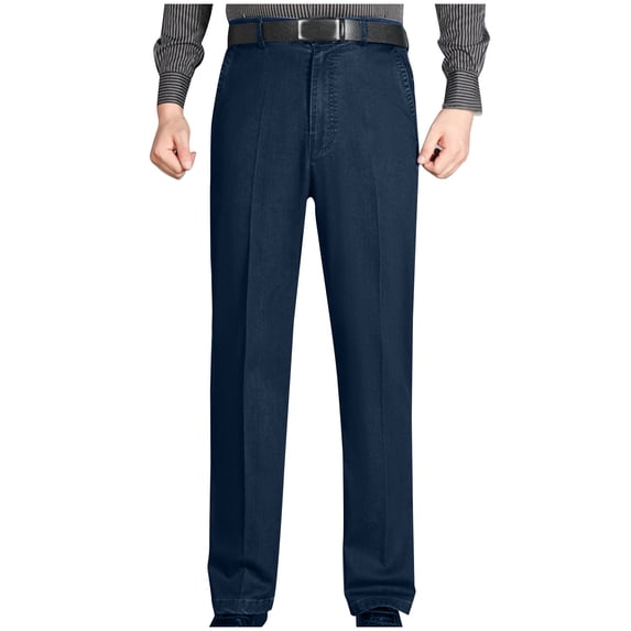 RYDCOT Men's Pleat & Flat Front Denim Pants - Stretch Fit Regular Fit High Waisted Jeans for Business Dark Blue