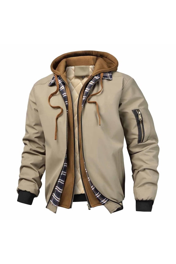 Men's Bomber Jacket Casual Double Zippers Fall Winter Hooded Cargo Ski Jacket Waterproof Windbreaker and Coats Quilted Padded Outwear Khaki