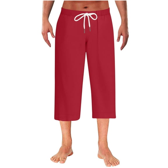 RYDCOT Men's Capri Pants Loose Fit Elastic Waist Baggy Casual Straight Leg Pajama Pants Red