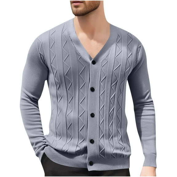 RYDCOT Men's Cardigan Sweater Knit Solid Color Long Sleeved V Neck Jacquard Buttons Cardigan Gray S(S)