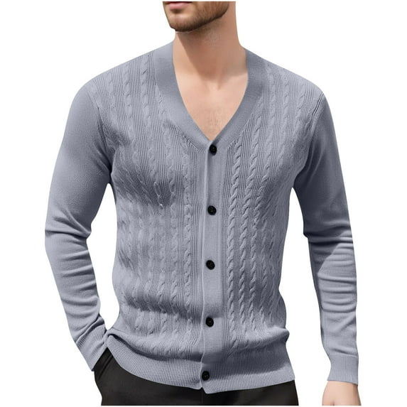 RYDCOT Men's Cardigan Sweater Knit Solid Color Long Sleeved V Neck Jacquard Buttons Cardigan Gray XL(XL)