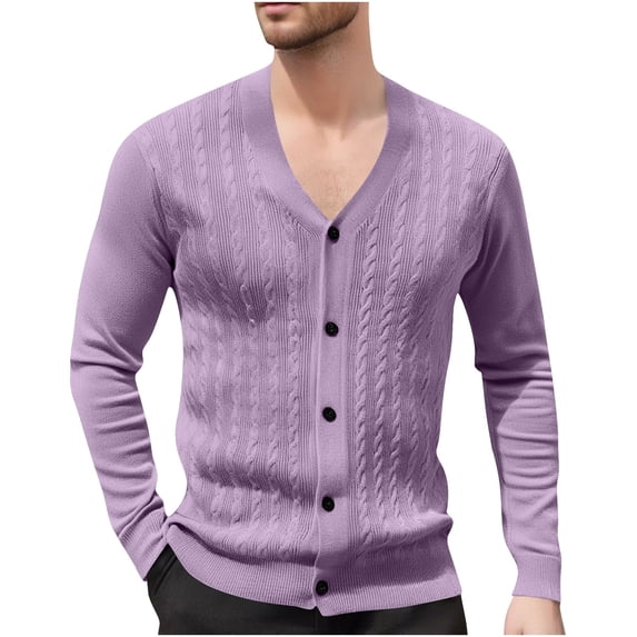 RYDCOT Men's Cardigan Sweater Knit Solid Color Long Sleeved V Neck Jacquard Buttons Cardigan Purple L(L)