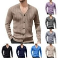 thumbnail image 1 of RYDCOT Men's Cardigan Sweater Knit Solid Color Long Sleeved V Neck Jacquard Buttons Cardigan Purple XS(XS), 1 of 7