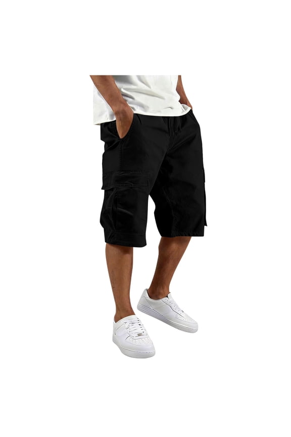 Men's Cargo Long Shorts 3/4 Cotton Ripstop Relaxed Fit Below Knee Capri Cargo Pants with Multi-Pockets Black