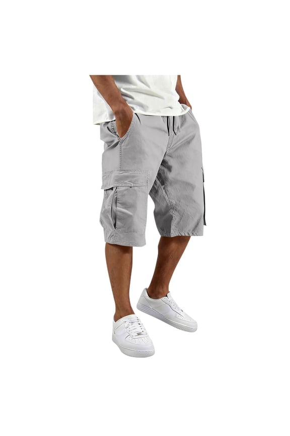 Men's Cargo Long Shorts 3/4 Cotton Ripstop Relaxed Fit Below Knee Capri Cargo Pants with Multi-Pockets Gray