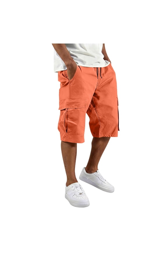 Men's Cargo Long Shorts 3/4 Cotton Ripstop Relaxed Fit Below Knee Capri Cargo Pants with Multi-Pockets Orange