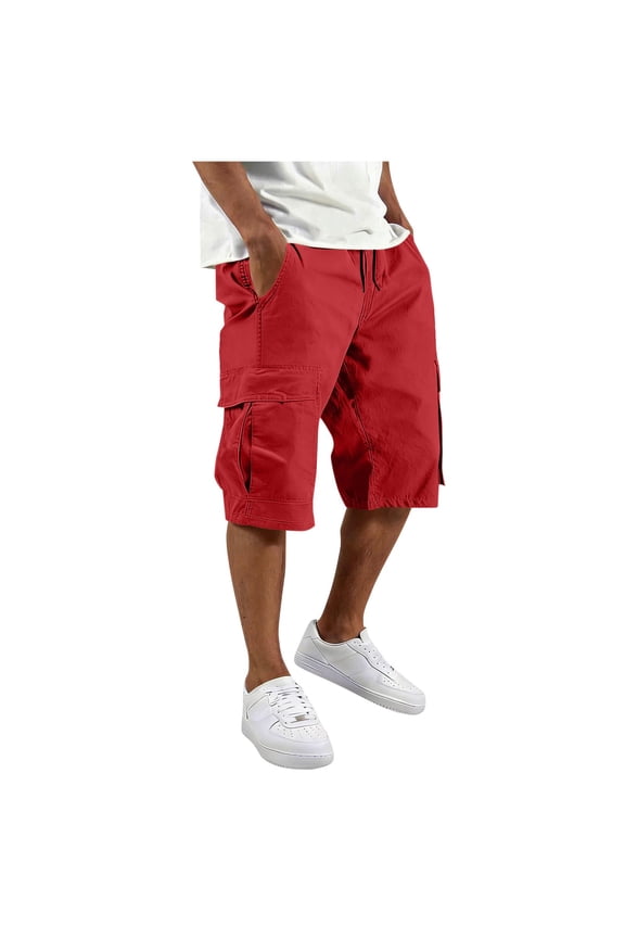 Men's Cargo Long Shorts 3/4 Cotton Ripstop Relaxed Fit Below Knee Capri Cargo Pants with Multi-Pockets Red