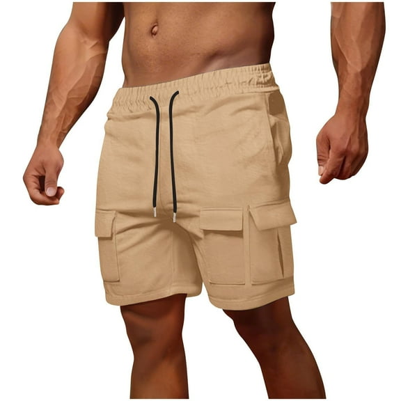 RYDCOT Men's Cargo Shorts Drawstring Casual Loose Fit Multi-Pockets Elastic Waist Straight Leg Shorts Khaki