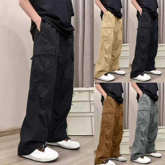 RYDCOT Men's Casual Cargo Pants Elastic Waist Hiking Pants Straight Workout Joggers Sweatpants for Men Khaki