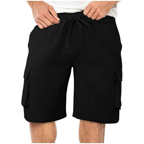 RYDCOT Men's Casual Cargo Shorts Elastic Waist Drawstring Hiking Shorts for Work Athletic Travel Outdoor with Multi Pockets Black
