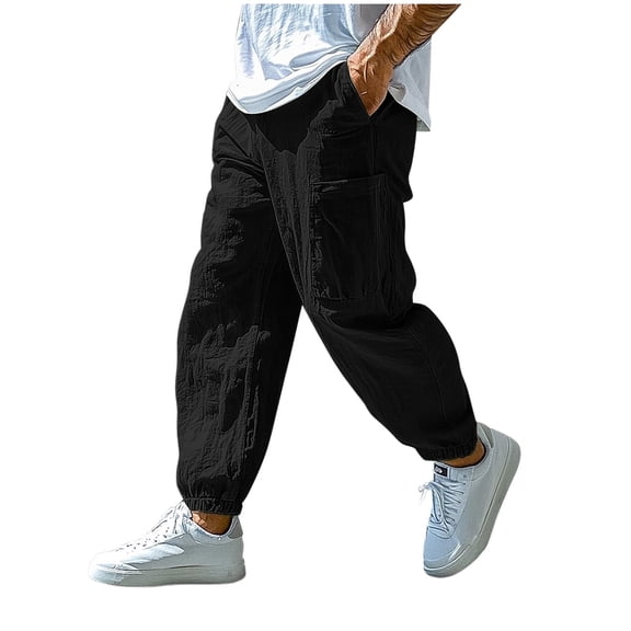 RYDCOT Men's Casual Fashion Solid Color Pants Loose Fit Drawstring Elastic Waist Lightweight Pant with Pocket Black