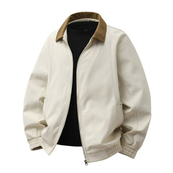 RYDCOT Men's Casual Fashion Workwear Jacket Solid Color Long Sleeved Full Zip Lapel Top Beige
