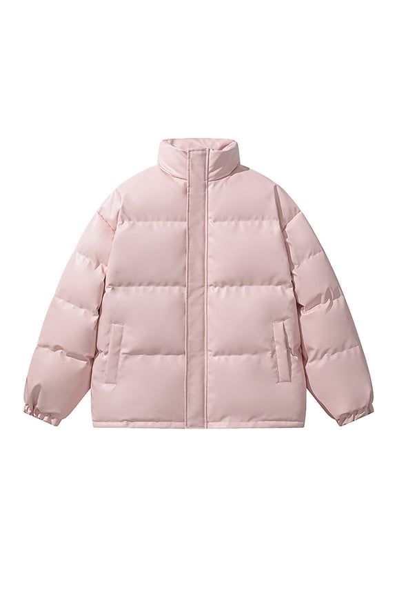 Men's Casual Faux Leather Zip up Long Sleeve Outdoor Motorcycle Jacket Fashion Thicken Warm Sherpa Lightweight Puffer Down Jacket Aviator PU Vintage Coat with Pockets Pink